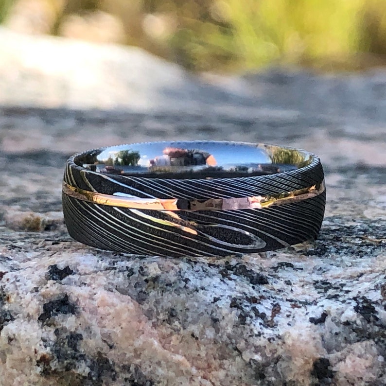 New 7mm Wide Damascus Steel Ring with 14k Solid Rose Gold image 0