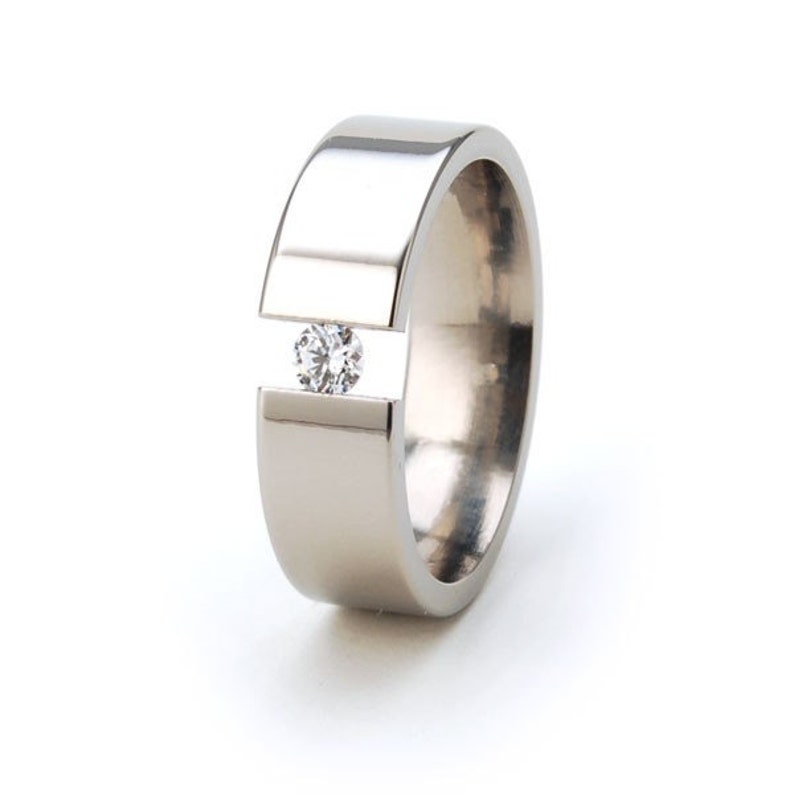 New Titanium Tension Set With Cubic Zirconia Titanium Wedding Ring 6mm Promise Ring Tension Set image 1