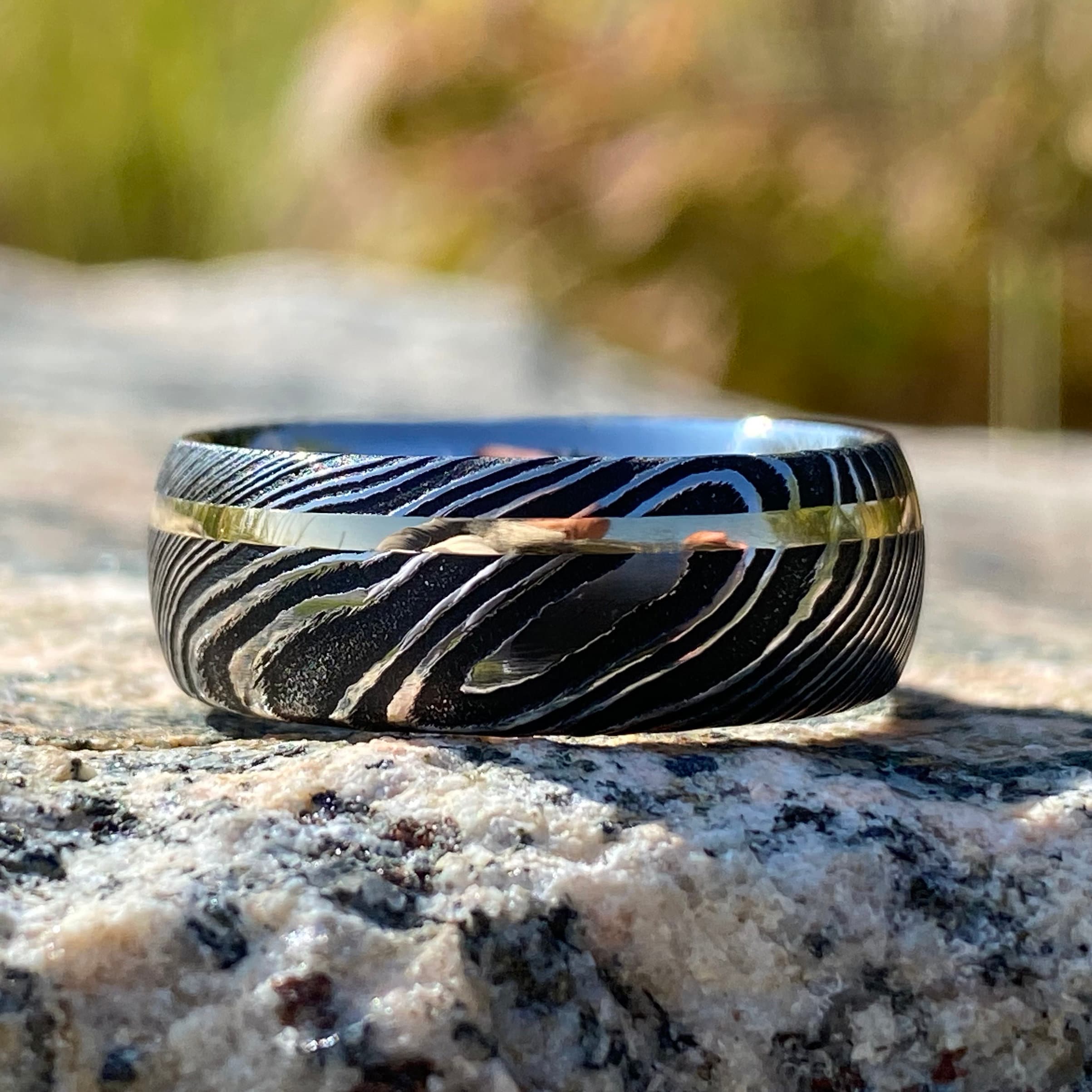 Damascus Steel Ring with 14K Yellow Gold Vertical Inlay and Black Diamond — Unique Titanium Wedding Rings