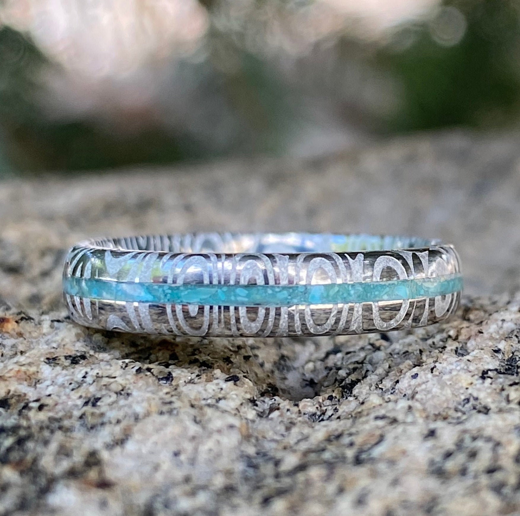 Turquoise Damascus Ring Wedding Band Damascus Steel Rings Turquoise Ring