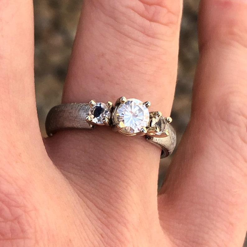 Authentic Gibeon Meteorite Engagement Ring with stunning Moissanite Round Center and Moonstone image 7