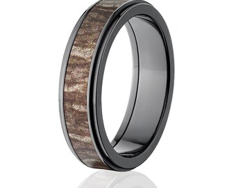Anillo de circonio negro, camuflaje Mossy Oak Bottomland de 6 mm, ajuste cómodo, alianza de boda para hombre.