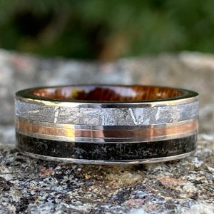 Meteorite Wedding Band, 14k Rose Gold with Dinosaur Bone & Ironwood Sleeve, Handmade In USA