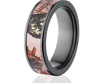 モッシーオーク迷彩ウェディングリング、ブラックジルコニウムコンフォートフィットバンド