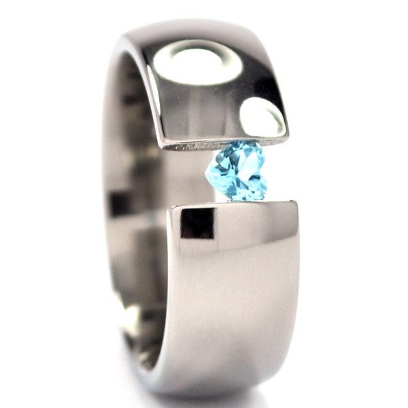 New 8mm Wide Titanium Tension Set Ring with a 4mm Heart Gemstone 8HR-P-HRTTens
