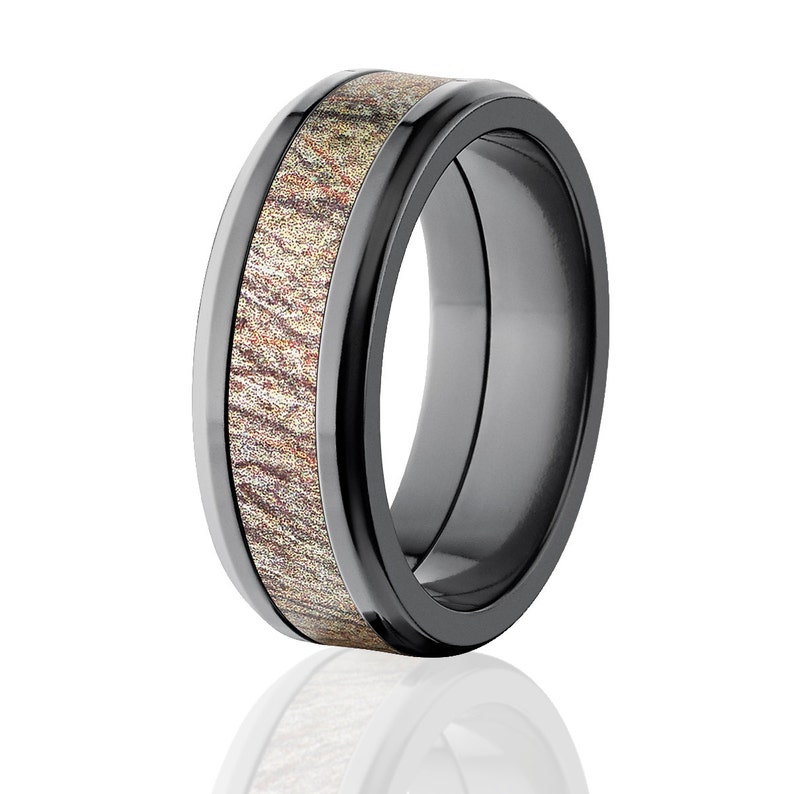BZ-8T-BRUSH New 8mm Licensed Brush Mossy Oak Camo Band Camo Wedding Ring Black Zirconium Tapered Ring