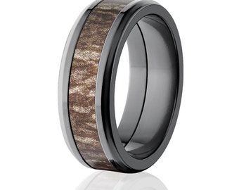 Anillo de circonio negro, camuflaje Mossy Oak Bottomland de 8 mm, cónico, ajuste cómodo, alianza de boda para hombre.