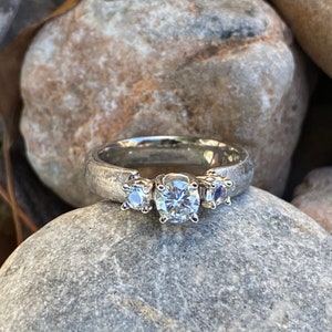 Authentic Gibeon Meteorite Engagement Ring with stunning Moissanite Round Center and Moonstone image 2