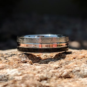 Meteorite Ring With Dinosaur Fossil Inlay and Copper Center Groove ...