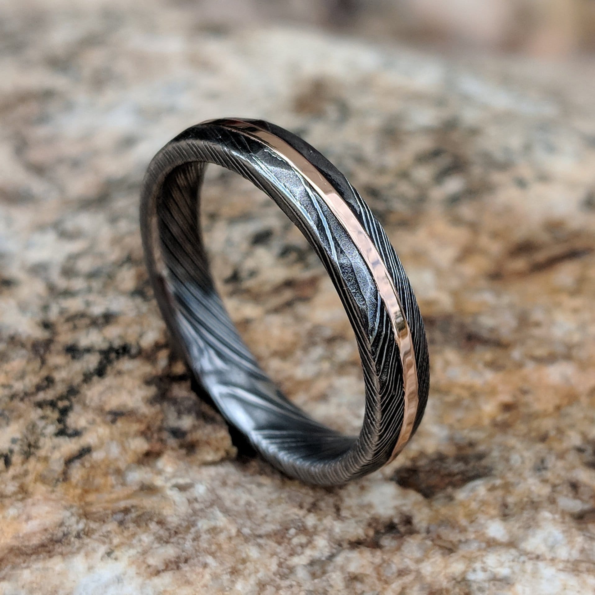 Ladies Damascus Steel Wedding Bands With 14k Solid Rose Gold Inlay