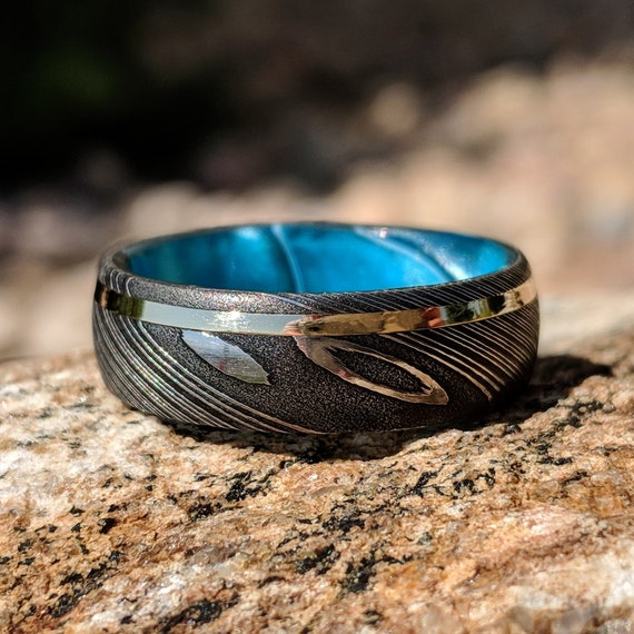 Custom Handmade Damascus Steel Ring Beautiful Blue Wood Filled Ring Band