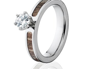 Anillo de compromiso con estampado de camuflaje Mossy Oak Bottomland, banda de 4 mm, engaste de oro de 14k, joyería para mujer.