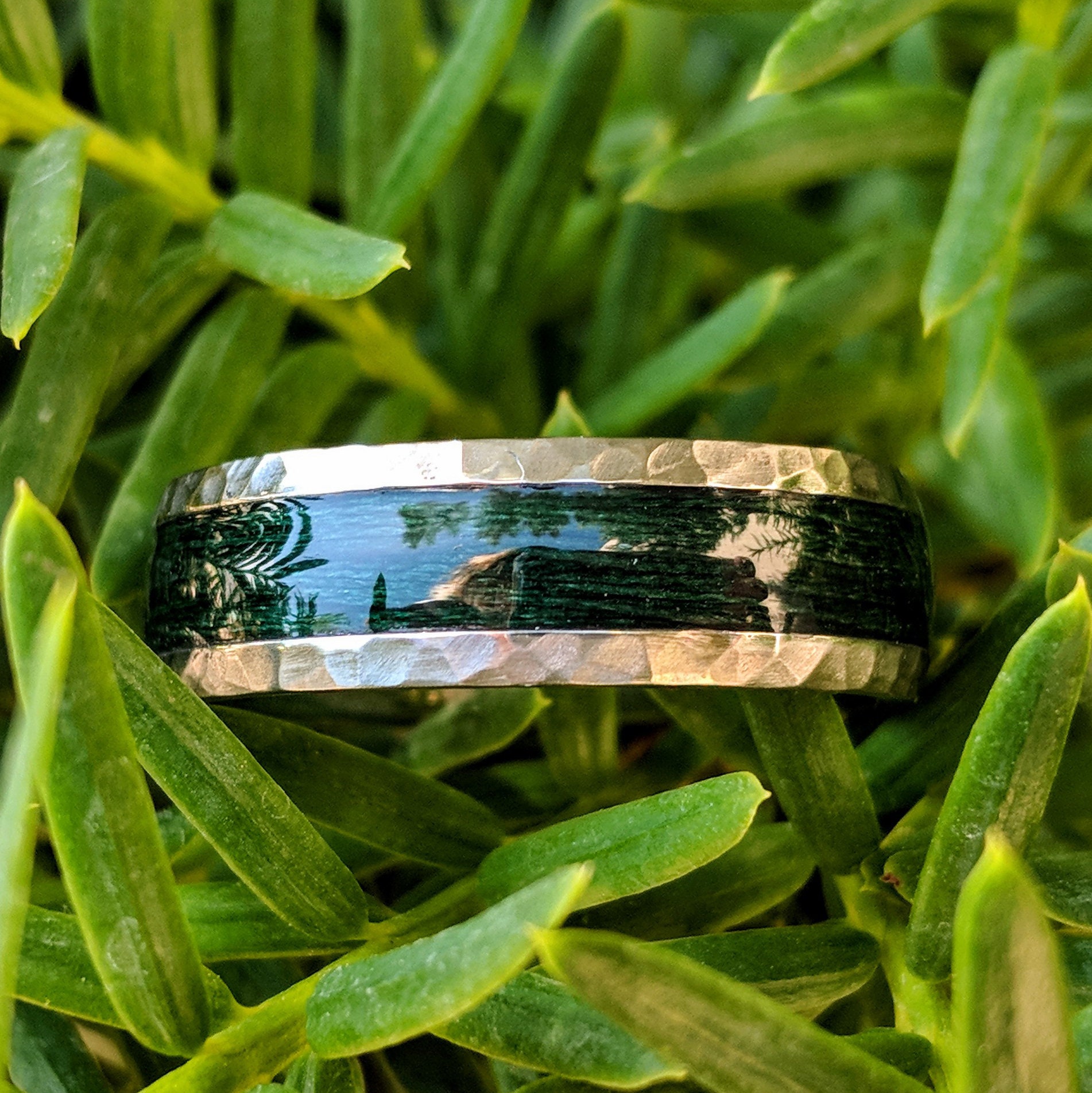 Forest Green Titanium Fishing Line Ring Custom Made Bands Fly Fishing USA Made To Order Fast