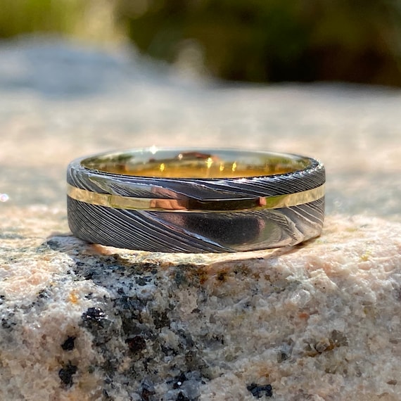 Damascus Ring 14k Gold Inlay Sleeve Damascus Steel Wedding Band Etsy Canada