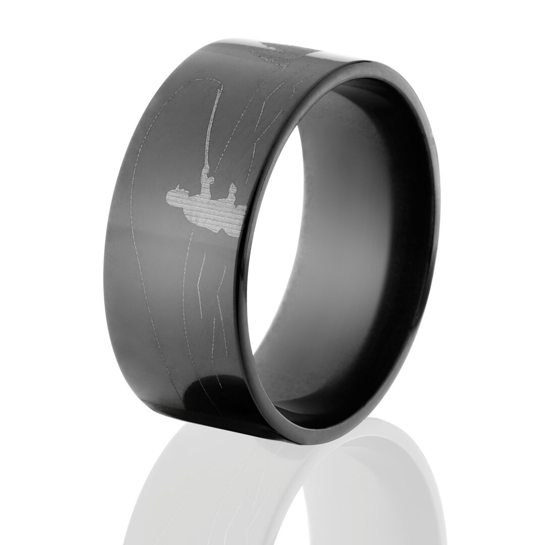 Black Zirconium Fishing Scene Ring, Laser Etched Outdoor Design, 10mm ...