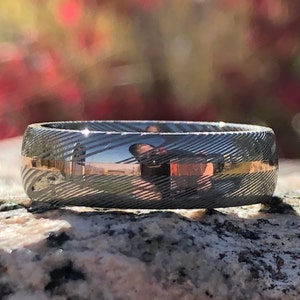 7mm White Damascus Steel Ring with 14k Solid Rose Gold Inlay