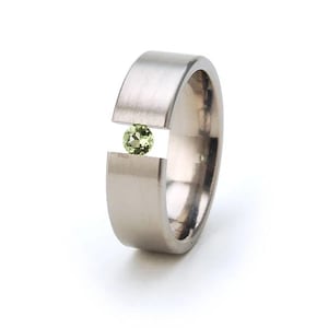 Handmade Titanium Tension Ring, 6mm Brushed Band with Peridot Gemstone