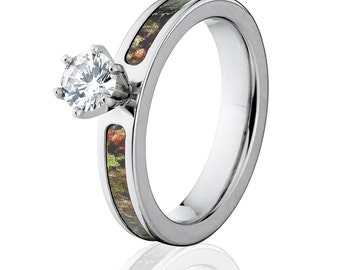 Mossy Oak Obsession Camo Engagement Ring, 14k White Gold Prong Setting, Women’s Ring