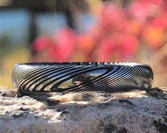 Damascus Steel Wedding Band, Handmade 4mm Comfort Fit Ring, Custom Damasteel Band