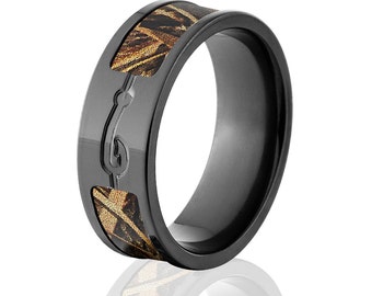 Black Zirconium Ring, RealTree Max 5 Camo with Fishhook Design, Men’s Wedding Band