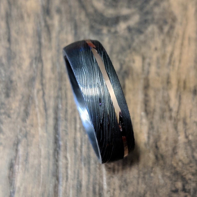 Damascus Ring 14k Rose Gold Inlay Damascus Steel Wedding Band Etsy