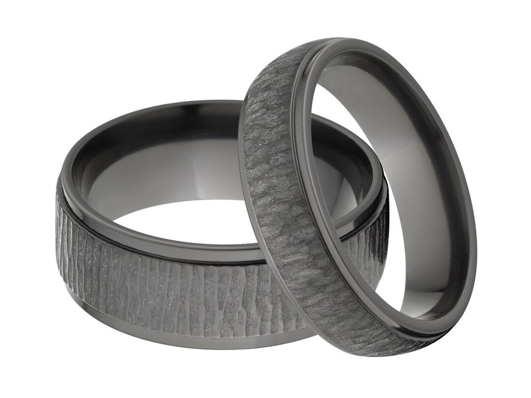 Black Zirconium Tree Bark Rings, His & Her's Ring Set: Bz-8rc-tbb, Bz ...