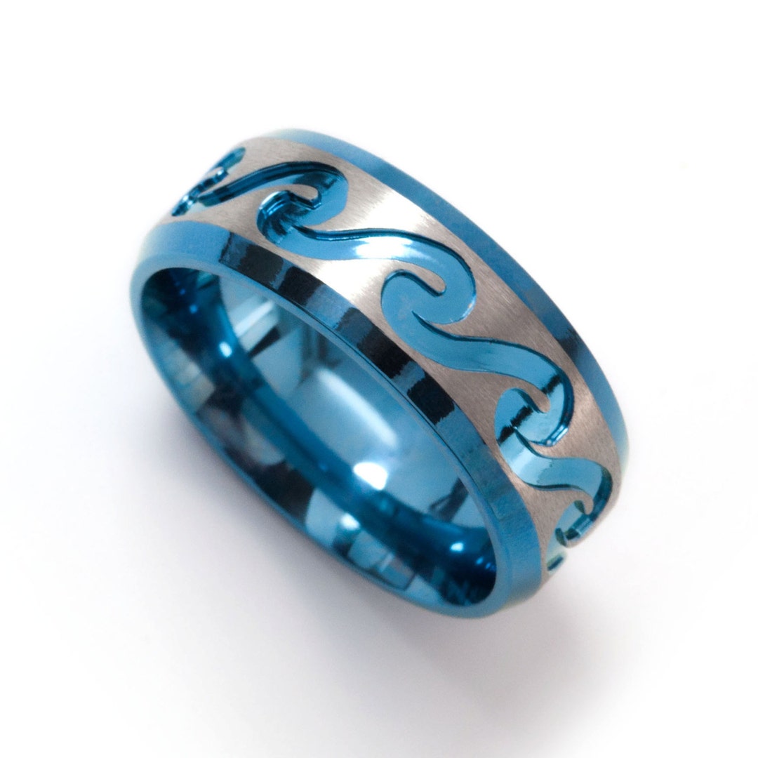 Blue Titanium Wave Ring, Carved Surf Wedding Band, Handmade Comfort Fit ...