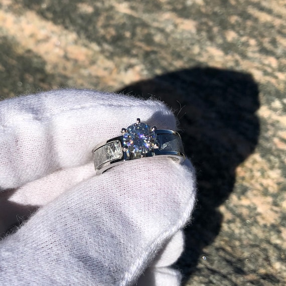 Authentic 6mm Wide Meteorite Engagement Ring with stunning Moissanite Round Center COB 6F14G1Prin Meteorite Moissanite