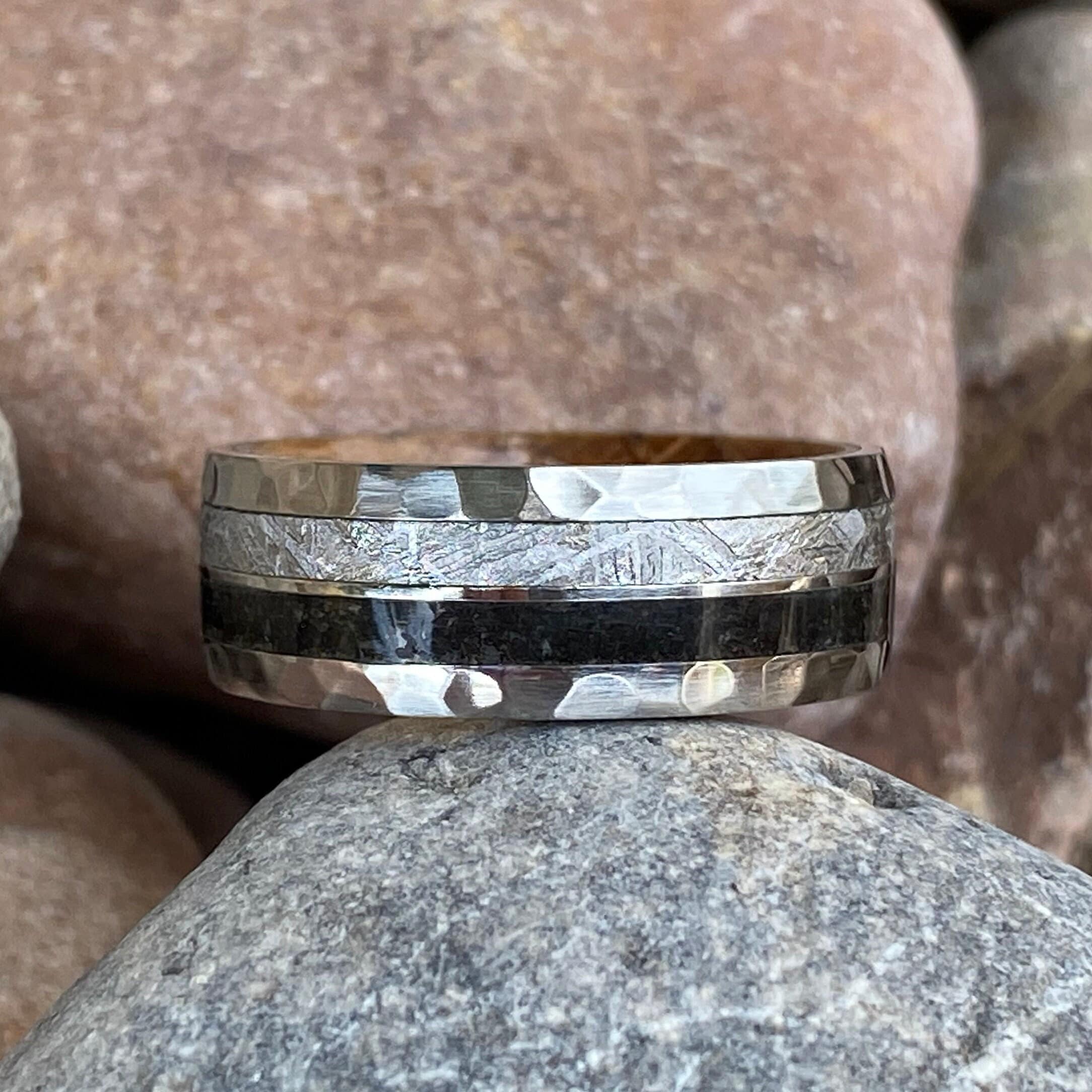 Meteorite Ring w Dinosaur Fossil Inlay Custom Made Meteorite Wedding Band Authentic Whiskey Hardwood Sleeve Etsy