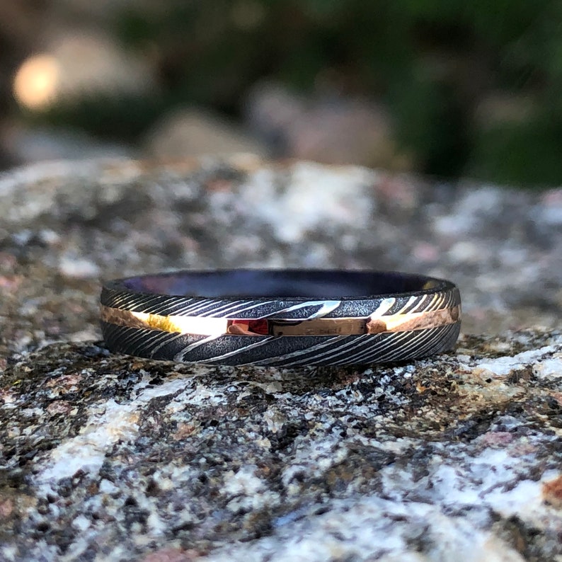 Damascus Steel Wedding Band With Purple Rain Sleeve And 14k image 0