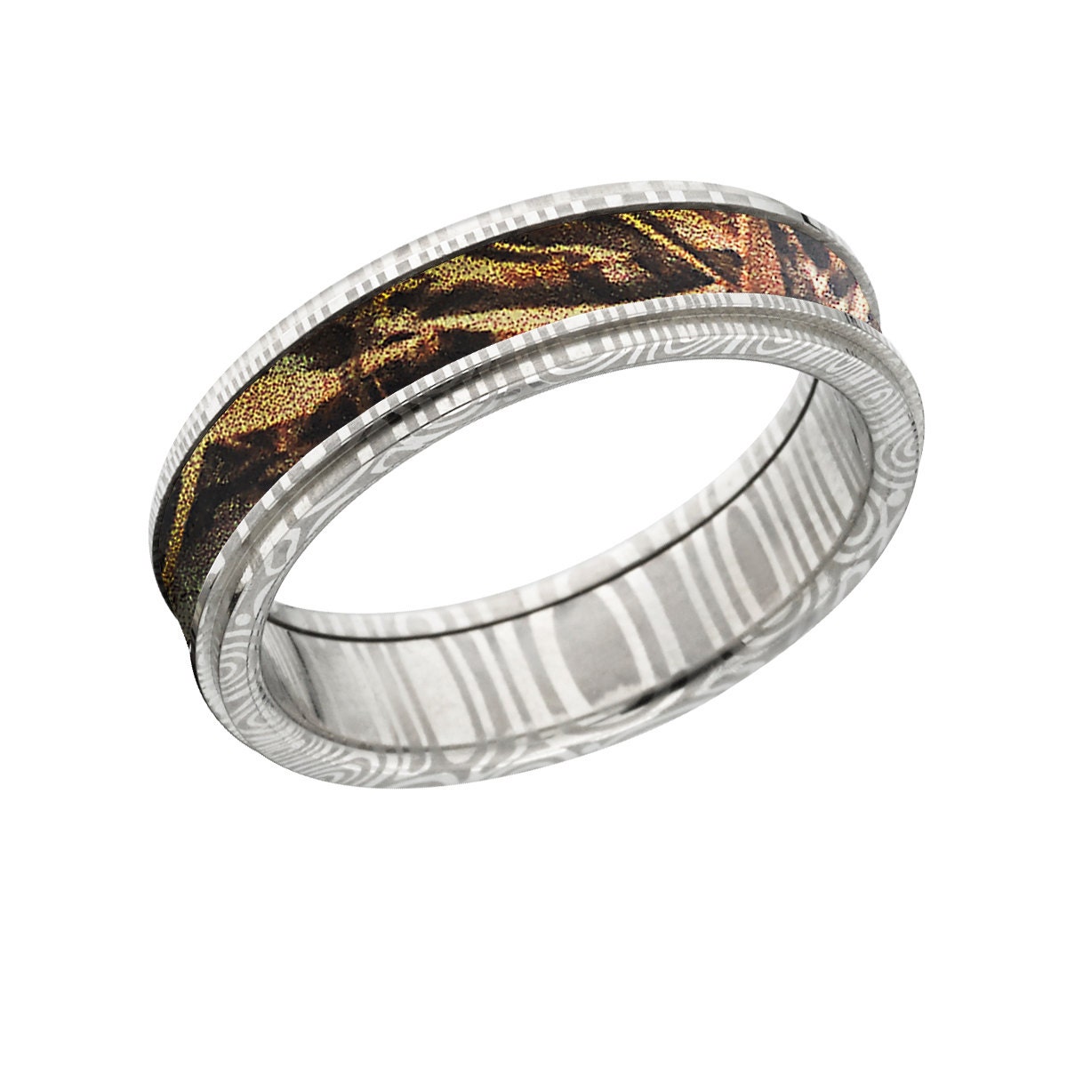 ダマスカス鋼カモフラージュリング、RealTree Max5インレイ 6 mm幅