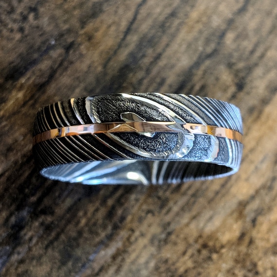 Men's 7mm Damascus Steel Wedding Band with Custom Inlay | Handmade Damascus Ring