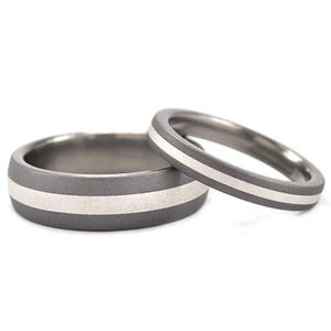 Matching 6 mm and 3 mm Titanium Rings with Sterling Silver Inlay: 6HR12GSND.3HR11GSND-SSINLAY