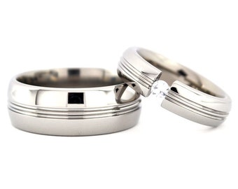 New Matching Titanium Wedding His and Her's Ring Set: 8HRCPP.5HRCPP-TENS-GEM