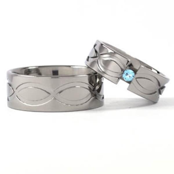 New Infinity His and Hers Tension Set Titanium Wedding Rings: 9FP.7FP-TENS-T1-INFINITY