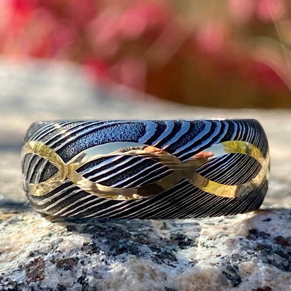 Damascus Ring 14k Yellow Gold Inlay Damascus Steel Wedding Band Infinity  Rings - Etsy