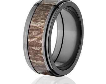 Anillo de boda de circonio negro, camuflaje Mossy Oak Bottomland, 9 mm, alianza de boda para hombre.