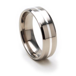 New Comfort Fit, 7mm Titanium Ring, Sterling Silver Inlay Band, Modern Ring 4-17 image 1
