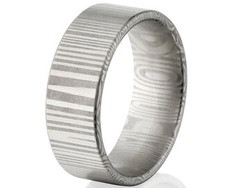 New 8mm Wide Damascus Steel Ring USA Made Damascus Bands - DS-8F