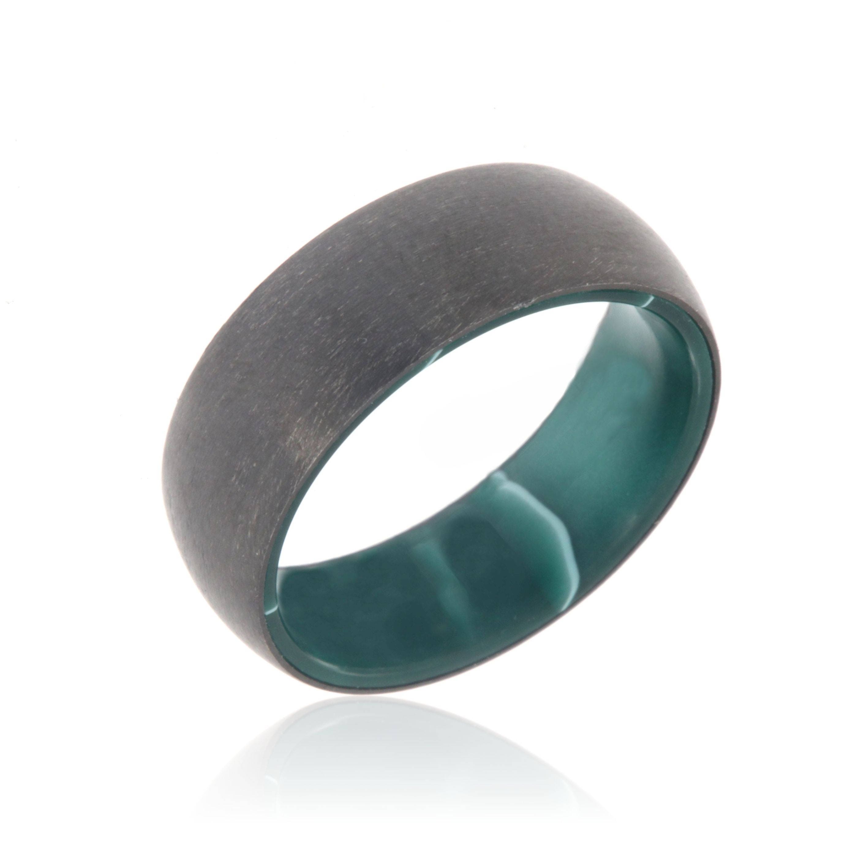 Black Zirconium and Green Emerald Resin Sleeve 8mm Wide Ring - USA Made Custom Jewelry and Bands