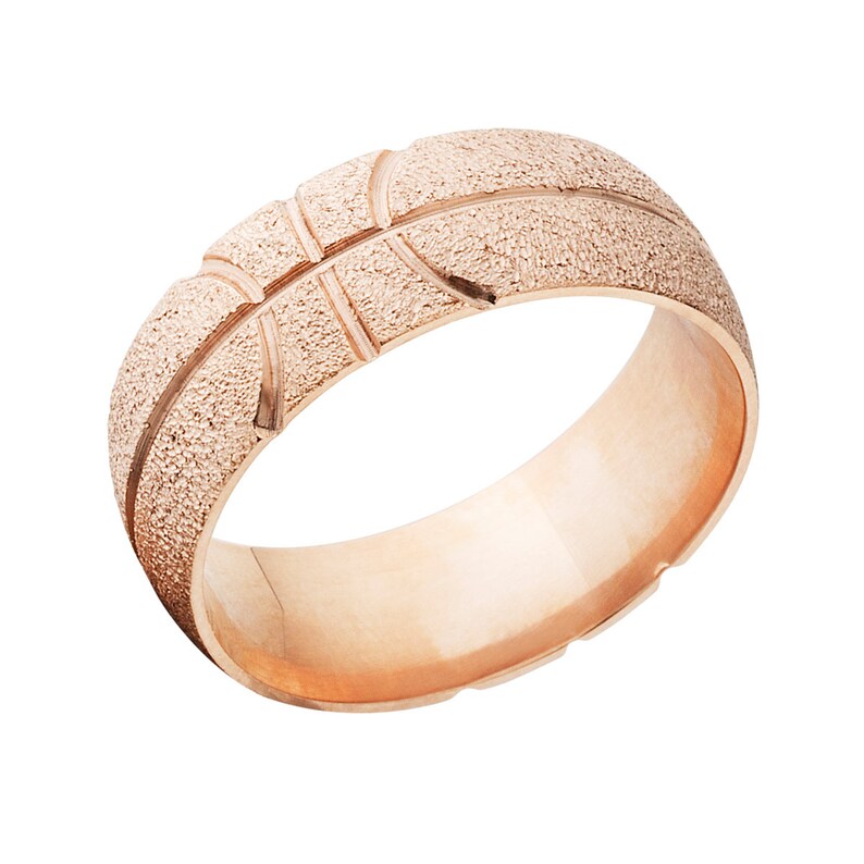 14k Rose Gold Basketball Rings, Custom Basketball Wedding Bands Sku: RG-8HR-Basketball-Txt image 2