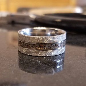 Meteorite Ring Wedding Band w/ Dinosaur Bone Fossile Center Inlay USA Made