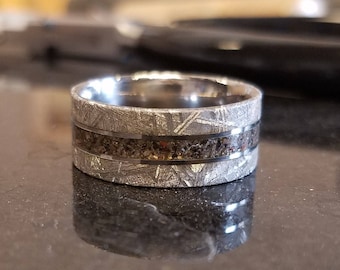 Meteorite Ring Wedding Band w/ Dinosaur Bone Fossile Center Inlay USA Made