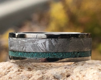 7mm Gibeon Meteorite Off-Center Turquoise Inlay Ring