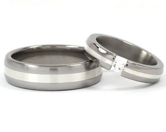 New Sterling Silver Inlay His and Hers Tension Set Titanium Wedding Rings