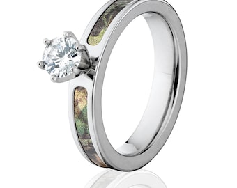 Mossy Oak Break-Up Camo Engagement Ring, Cobalt Chrome Band 14k Setting, Women’s Jewelry