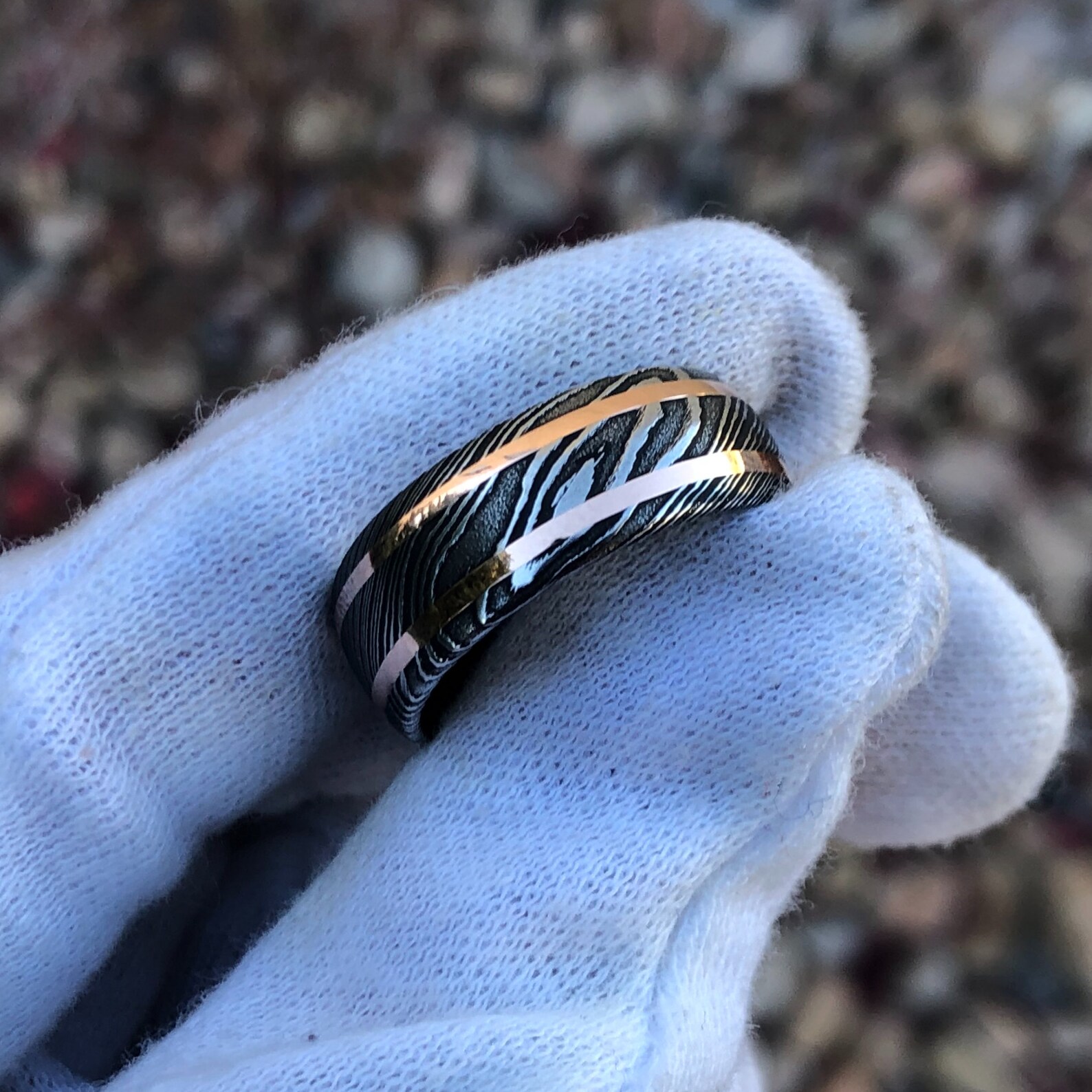 8mm Damascus Steel Ring With Dual 14k Rose Gold off Center Etsy
