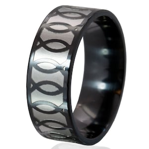 Jesus Fish Black Zirconium Ring: BZ-8F-FishWrap-MS
