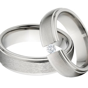 Titanium and Tension Set Matching Ring Set, His & Her's Ring Set: 6HRRC-ST, 6HRRC-B.25Tension-CZ image 1