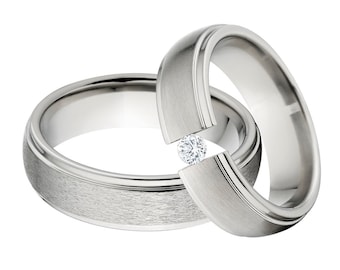 Titanium and Tension Set Matching Ring Set, His & Her's Ring Set: 6HRRC-ST, 6HRRC-B-.25Tension-CZ